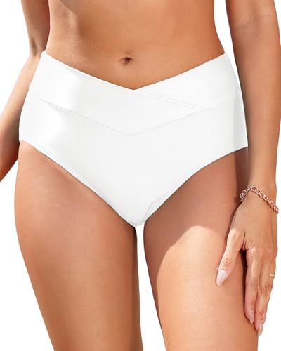 Image of Women V Cut Full Coverage Bikini Bottom - High Waist Swim Bathing Suit Bottoms Cross V Front Swimsuit