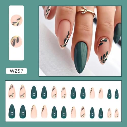 Image of Green Press on Nails Short Almond Stick on Nails Nude Fake Nails with Leaf Design Glossy Full Cover False Nails Artificial Acrylic Nails for Women Girls Diamond Manicure 24Pcs