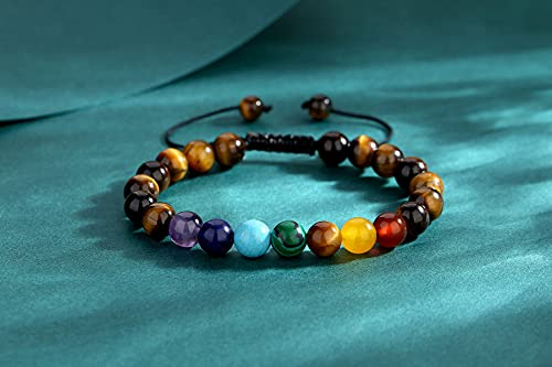 XIANNVXI 7 Chakra Healing Crystal Stone Beaded Bracelet Tiger Eye Natural Gemstone Beads Reiki Yoga Meditation Anxiety Quartz Adjustable Braided Bracelets - Image 3