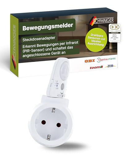 SCHWAIGER Bewegungsmelder Steckdose I Steckdosenadapter mit PIR-Sensor I zur automatischen Steuerung angeschlossener Ger&auml;te I mit Timer & einstellbarem Erfassungswinkel I Bewegungssensor-Steckdose