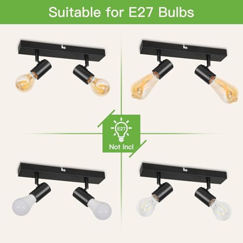 Kimjo Deckenstrahler 2 Flammig Innen - LED Deckenlampe Schwarz - Spots Deckenleuchte E27 2 Flammig - Deckenspots Modern 350°Schwenkbar für Wohnzimmer Schlafzimmer Küche Nein Leuchtmittel Max. 60W