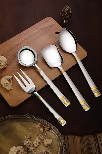 Image of FnS RAGA 24 Karat Gold Plated Stainless Steel Serving Set of 4 (1 Rice Serving, 1 Serving Fork, 1 Gravy Ladle, 1 Serving Spoon Large) for Home, Kitchen and Dinning