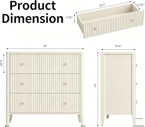 Image of Fatmok Fluted 3 Drawer Dresser for Bedroom Set of 3, 34 inch Wide Chest of Drawers, Modern Wood Nightstand End Table with Metal Handles, Striped Storage Cabinet for Living Room, Hallway, Alabaster White