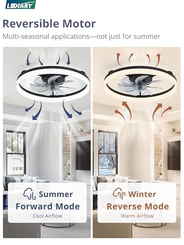 Image of LEDIARY Ceiling Fans with Lights, 20 inch Low Profile Flush Mount Ceiling Fan, Dimmable LED, APP & Remote Control, Quiet Reversible DC Motor, 6 Speeds, Fandelier for Bedroom, Black