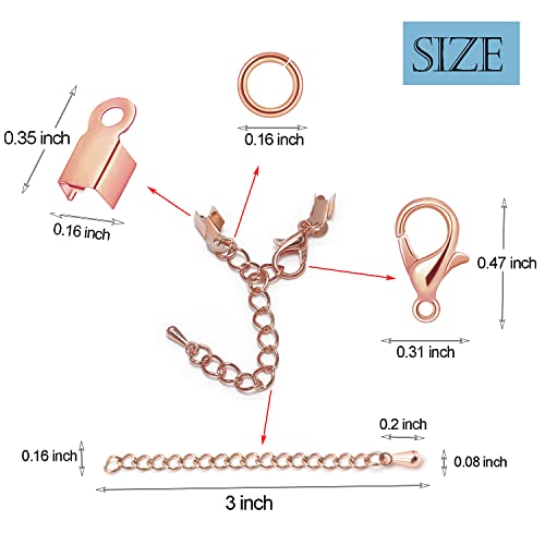 580 Pieces Jewelry Making Accessories Set Including 250 Open Jump Ring Connectors 250 Fold Over Cord End Caps 50 Lobster Claw Clasps And 30 Water-Drop Extension Chain For Bracelet Necklace (Rose Gold) #TOP2