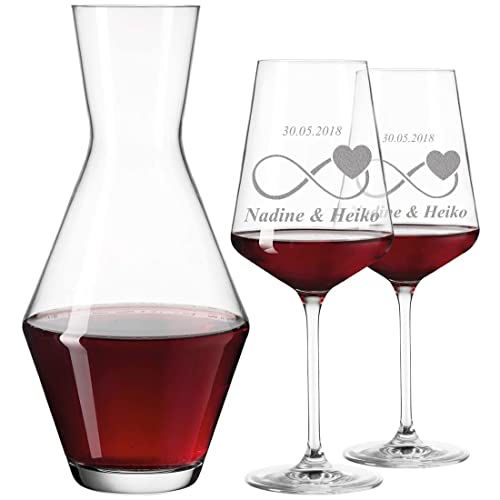 Set di 3 bicchieri da vino rosso e decanter per vino personalizzato con incisione – regalo di fidanzamento, matrimonio per sposi – motivo infinito con cuore