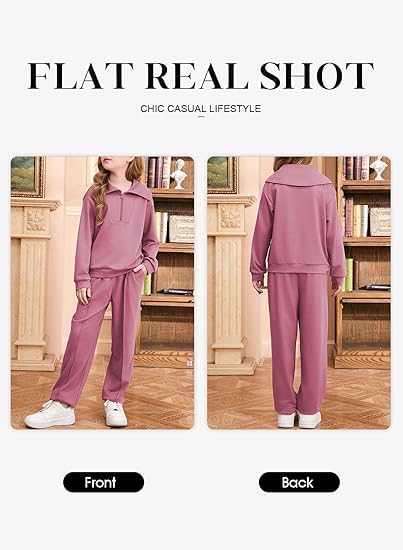 Image of blibean Girls Fall Sweatsuits Half-Zip Collared Sweatshirt & Jogger Pants Set School Tracksuit Size 6-15 Years
