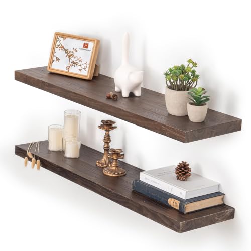 Image of Fun Memories Floating Shelves for Wall, 36 inchx9.3 inch Rustic Solid Elm Wood Shelves, Heavy-Duty Wall Mounted Shelf with Invisible Brackets, Set of 2 for Living Room, Bedroom, Kitchen, Walnut Finish