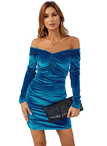 Atnlewhi Damen-Cocktailkleid, V-Ausschnitt, schulterfrei, lange Ärmel, dehnbar, figurbetont, gerüscht, blau - peacock blue, Klein Cover