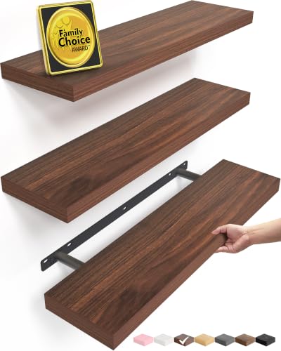 Image of BAYKA Walnut-Like Floating Shelves 22.5in, 3Pack, Wall Mounted Wall Decor | Easy Install, 22lbs Max Load, Hidden Bracket, Shelf for Bathroom Bedroom Kitchen Books Display Storage, Multi-Wall Compatible