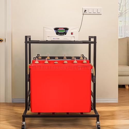 Image of 2-Tier Ups Stand for Double Battery & Inverter for Home & Office - Double Battery Metal Inverter Trolley with 6 Sturdy 360 Metal Caster Wheels - Double Battery Stand Inverter w /h Shelf - Hold 100Kg+
