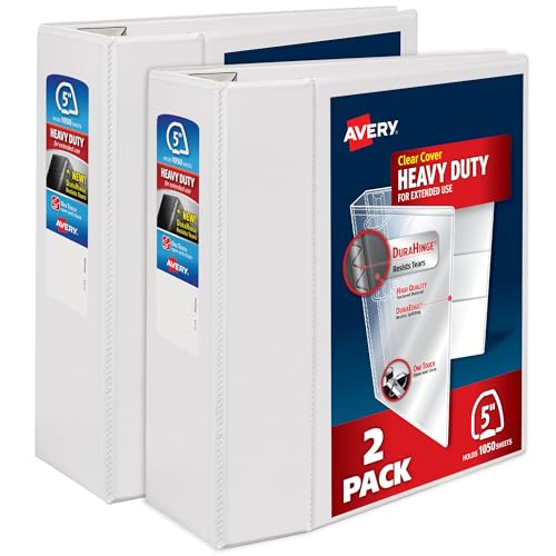 Avery Heavy-Duty View 3 Ring Binder, 5 Inch One Touch EZD Rings, 1,050-Sheet Capacity, 2.3/4.8 Inch Wide Spine, Customizable Clear Cover and Spine, 1 White Binder (79106)