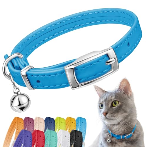 Image of Soft Leather Cat Collar with Safety Elastic Strap- Light Blue
