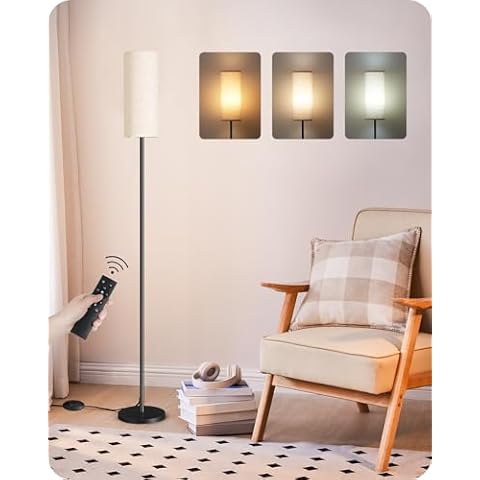 GOEBLESON Dimmable Floor Lamp for Living Room, Corner Floor Lamp with Remote, 66'' Standing Tall Lamp, Linen Lampshade, 10W 800LM LED Bulb for Bedroom Study, FCC Listed, Black and Beige E06LD05 Cover