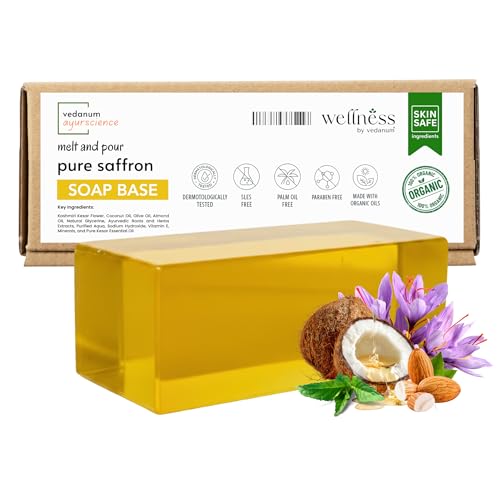 Image of VEDANUM Ayurscience 100% Natural and Organic Pure Saffron Soap Base - 400 Gm | Handmade Soap Making | A+ Kesar | SLES Free | pH Skin Friendly | Lab Tested