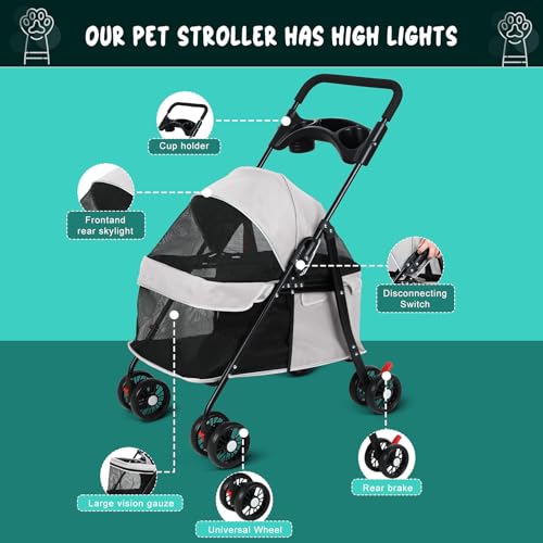 2in1 Hundewagen, Hundebuggy mit 1 Getränkehaltern, Hundebox Transporttasche Faltbar klappbar mit Feststellbremse, Bollerwagen für Hunde, 48 cm * 68 cm * 95cm (Grau)
