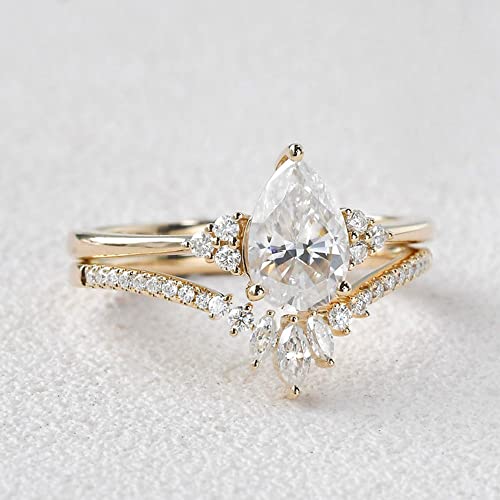 Ydd 10K White Gold 1.5Ct Pear Moissanite Engagement Rings For Women Bridal Set 2Pcs Pear Vine Vintage Inspired V Shaped Wedding Band Anniversary Free Engraved #TOP2