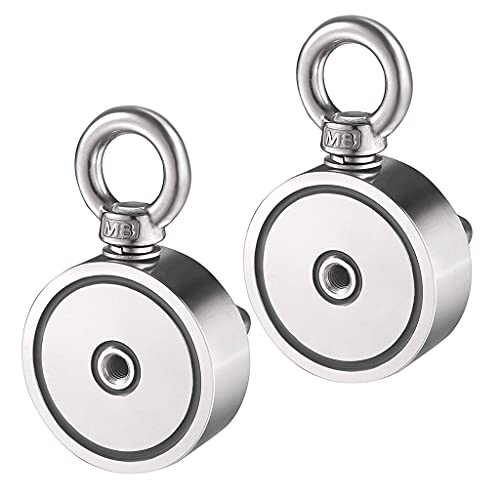 2 Pack Super Strong Neodymium Fishing Magnets - Double Sided Neodymium Rare Earth Magnet 450 lbs(204 KG) Combined Pulling Force for Retrieving in River and Magnetic Fishing, Diameter 1.88 inch(48mm)