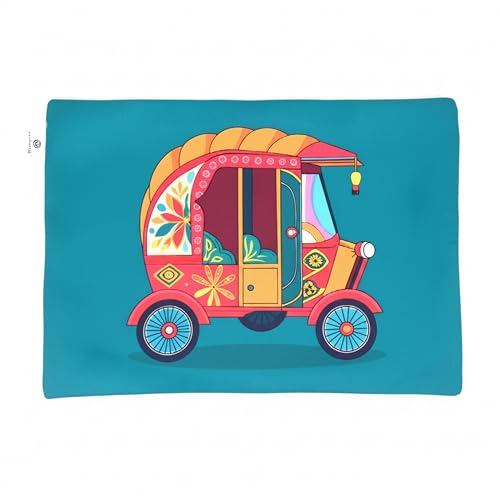Image of DiningTable Mats Set of 2 - Auto Vibrant Cultural Theme,Digital Print, Washable, Indoor /Outdoor, Heat-Proof, Water Resistant, Wipe & Clean (47X33 cm) Green & Pink