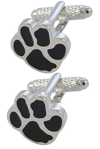 Gemelos Camisa Hombre Perro - Con Caja - Gemelos para Camisas - Impresión de la Pata - Animal Gato Veterinario - Latón - Color Negro y Plata - Un Par