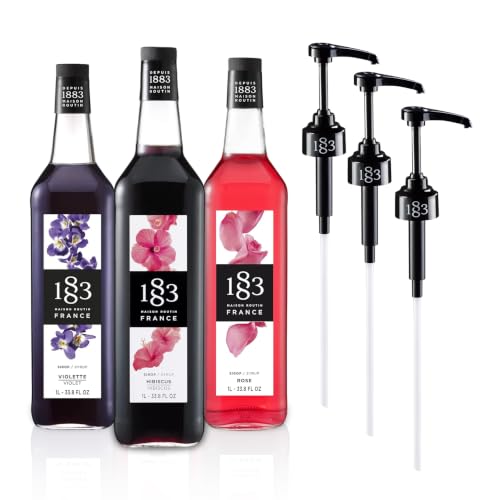 1883 Lavender, Rose, Hibiscus Syrups with Pumps (Floral Flavors) for Coffee &amp; Drinks – 1 Liter Glass Bottles (Pack of 3)