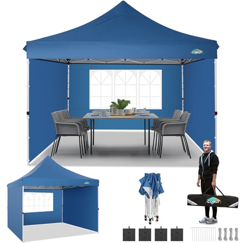 Image of COBIZI 10x10 Easy Pop Up Canopy Tent, Instant Commercial Outdoor Gazebo with 3 Sidewalls, Waterproof and UV Protection 50+ Event Shelter for Camping, Family Parties & Patio with 4 Sandbags,Light Blue