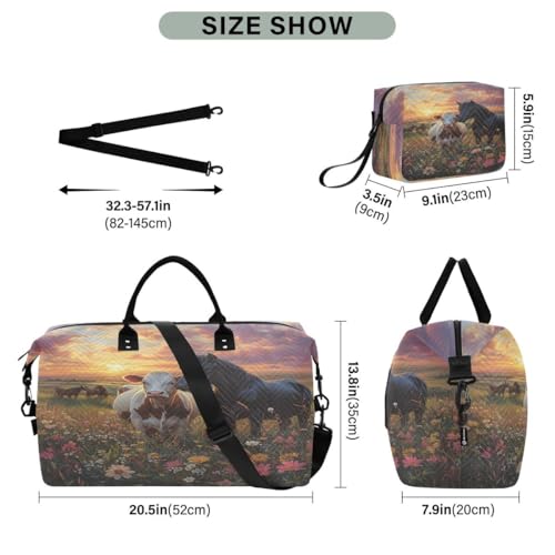 Horse Cow Daisy Blossom Travel Duffle Bag Gym Bag Weekender Bags with Toiletry Bag Travel Trip Tote Bag3