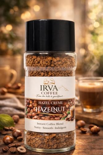 Image of IRVA Hazelnut Delight | Premium Hazelnut Flavoured Instant Coffee | Freeze-Dried Granules | Smooth, Nutty Indulgence with Rich Aroma | Perfect for Hot & Cold Coffee | Cafe-Style Experience at Home | 50 g | Makes 18-25 Cups