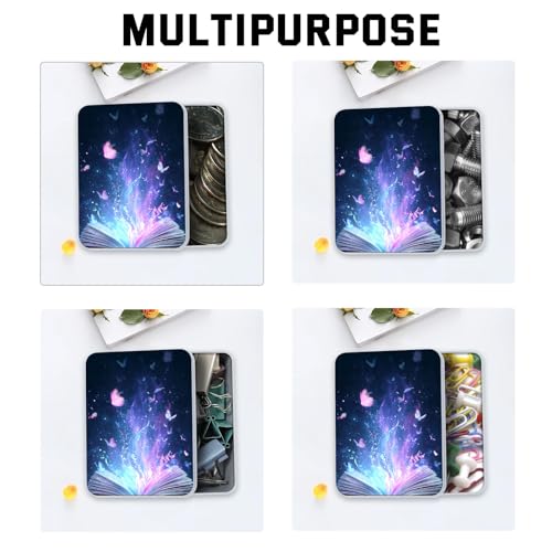 Image of Metal Tin Box with Lid,Multi-functional Storage Large Box Can Store Tea Biscuits Game Cards, Playing & Tarot Cards-Comes with 4 Magnetic Cord Clips,Magical Book with Butterflies
