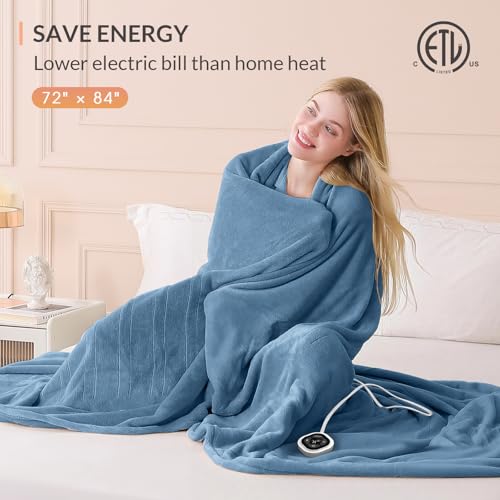 Image of HOMLYNS LuxeHeat Heated Blanket Electric Blanket Full Size, Soft Flannel Sherpa Heating Blanket with 10 Heat Settings, 1-10 hrs Timer Auto Shut Off (72x84 inches, Blue), Only for 120V Voltage Use