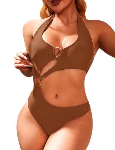 HISAGUHE Traje de baño de una pieza para mujer, con control de abdomen, traje de baño sólido para mujer, Café, M