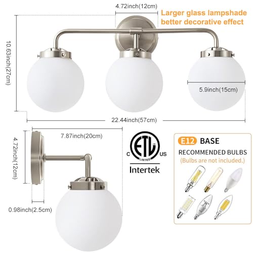 Image of Bathroom Light Fixture 22.4in 3Light Brushed Nickel Vanity Light for Mirror | Bathroom Lighting Fixtures over Mirror, ETL, Brushed Brass Wall Sconce, Dimmable E12 Base Max 60W, Milky Glass Ball Shades