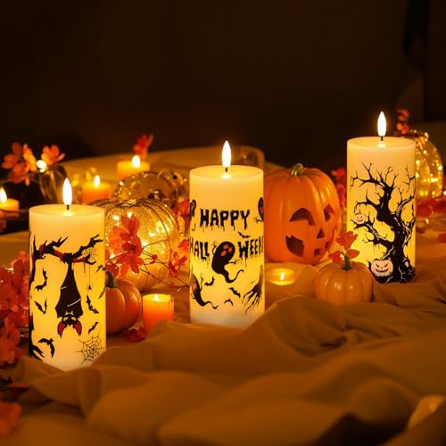 Image of Halloween Decorations Ghost Bat Flameless Halloween Candles with 6H Timer, Battery Operated LED Candles for Halloween Decor Indoor