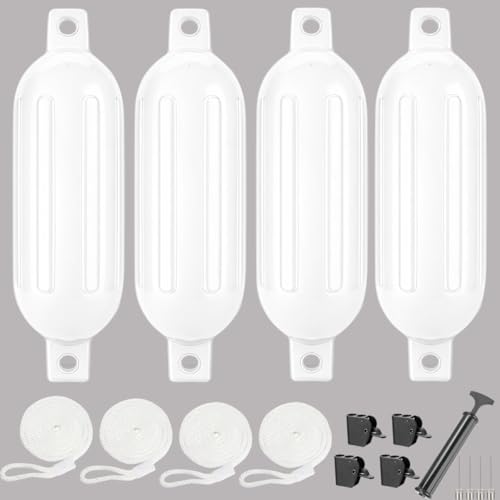 FUCNEN Boat Fenders for Docking, 4 Pack 8.5" x 25" Inflatable Boat Bumpers Fenders with Hand Pump, Fender Ropes, Stainless Steel Fender Hanger Clips, Double-Eye Pontoon Boat Fenders Set(White)