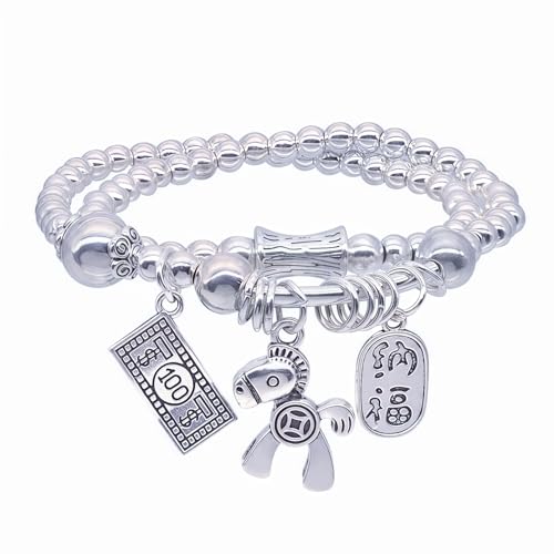 Feng Shui Lucky Charm Beaded Bracelet - Silver Tone Stretch Bracelet with Money Bill & Chinese Wealth (Zhao Cai) Charms - Good Fortune Jewelry Gift