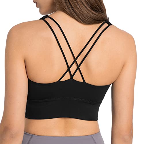 Lemedy Women Strappy Cross Back Yoga Workout Sports Bra Longline Crop Tank Top (Black, L)