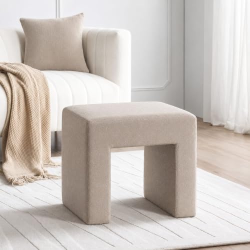 Image of Kundi Modern Boucle Vanity Stool Chair with Wooden Legs - Soft Ottoman Footstool for Makeup Room, Living Room, Entryway & Office (Cream) (Taupe)
