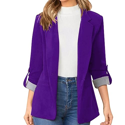 L9WEI Bléiser entallado para mujer, para otoño e invierno, elegante, de vestir, con solapa, diseño monocromático, mangas largas, chaquetas y trajes de negocios, morado, XXL