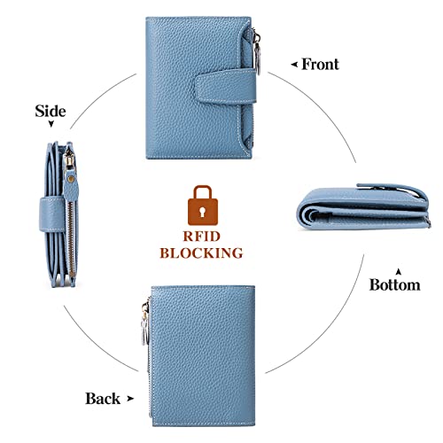 Image of GOIACII RFID Secure Wallet for Women Small Card Holder Leather Blue | Trifold Billfold, Vegan Leather, Compact Size, 4 ID Windows, 12 Card Slots, 1 Zipper Coin Pocket, Minimalist
