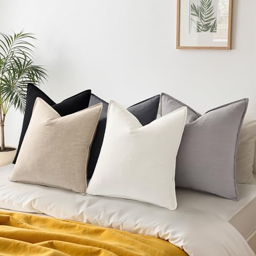 Image of decorUhome Decorative Linen Throw Pillow Covers 18x18 Inch Set of 2 Dark Grey Pillow Covers with Flange Edges Soft Farmhouse Boho Accent Pillow Cases for Couch Bed Living Room