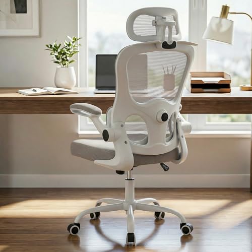 Image of DROGO Aerofly Premium Ergonomic Office Chair for Work from Home, 2D Headrest, High Back Computer Chair with Mesh, Flip-up Armrest, Recline,Adjustable Lumbar Support, Mesh Chair for Office(White /Grey)