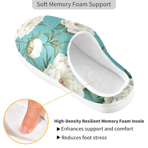 JUNZAN Art Peonies Turquoise Women Cotton Slippers Winter Memory Foam Mens Slippers for Spa Funny Presents 6-72