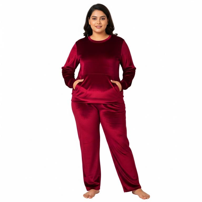 Women Velvet Tracksuit Round Neck Top Kangaroo Pocket Elastic Waist Pyjama Soft Cozy Winter Lounge Set Warm Two Piece Outfit Comfortable Casual Wear-image-34