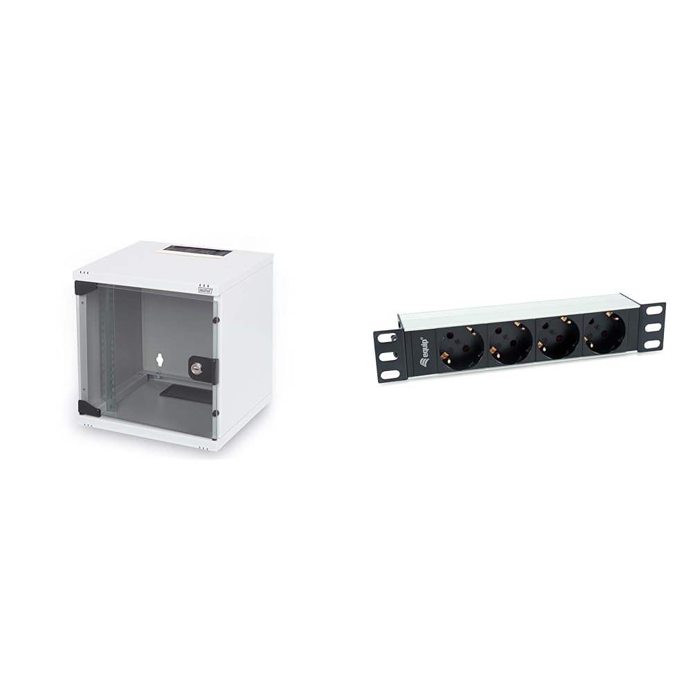 DIGITUS Netzwerk-Schrank 10-Zoll - 6HE - Wandmontage - HxBxT 330x312x300mm - Traglast 30kg - Nutztiefe 240mm - Grau & Equip 333311 Steckdosenleiste 10"(1HE) 4fach Schuko.CEE 1,8m