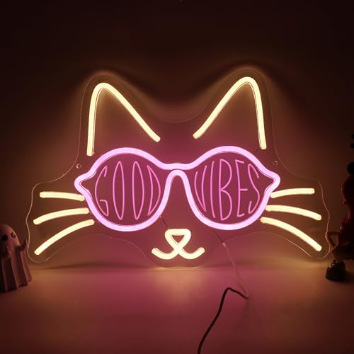 Image of Cat Neon Sign GOOD VIBES LED Neon Light Sign for Wall Decor, Cute Kitty Neon Signs for Bedroom, Bar, Party, Game Room, Living Room, Aesthetic Home Decoration