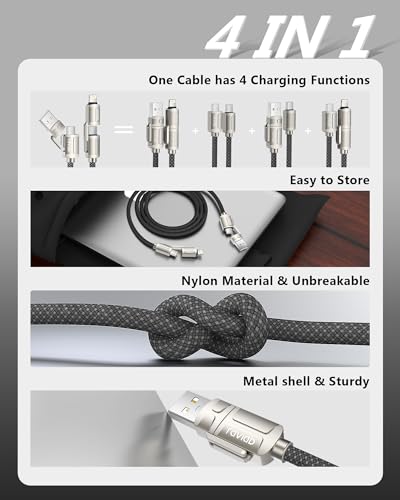 RAVIAD Kabel do wielokrotnego ładowania, 4 w 1, 3 A, kabel USB do szybkiego ładowania, 60 W, PD, kabel USB C/USB A do Lightning, USB C/USB A do USB C do iPhone'a, Androida, Samsung Galaxy, Oneplus, LG