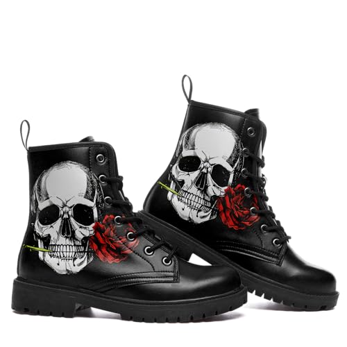 Image of Custom Black Combat Boots for Women Fashion Lace-Up Skull Rose Ankle Booties Chunky Heel Platform Leather Boots