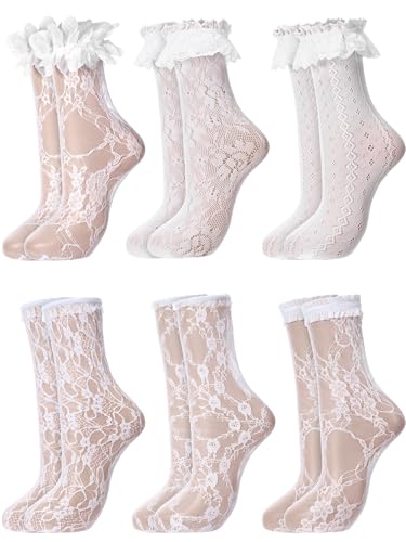 Geyoga 6 Pairs Slouch Lace Socks Women Cute Mesh Frilly High Loose Ruffle Ankle Socks for Women Girls Dress