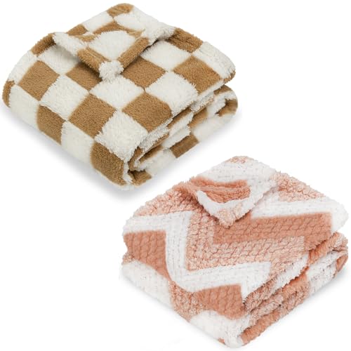 Image of HOMRITAR 2 Pack 3D Checkered Fleece Baby Blanket Khaki + Boho Toddler Blanket with Chevron Pattern for Newborn Infant Pink 30 x 40 Inch
