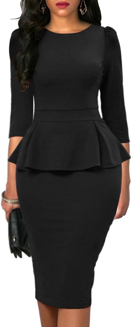 oten Women's Elegant 3/4 Sleeve Peplum Bodycon Sheath Office Work Business Pencil Midi Dresses